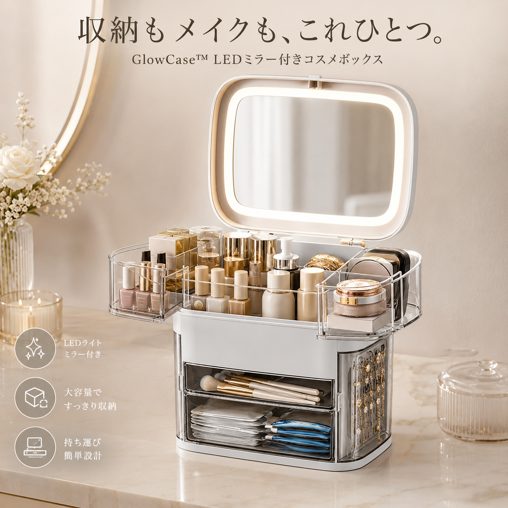 GlowCase™ LEDミラー付きコスメボックス